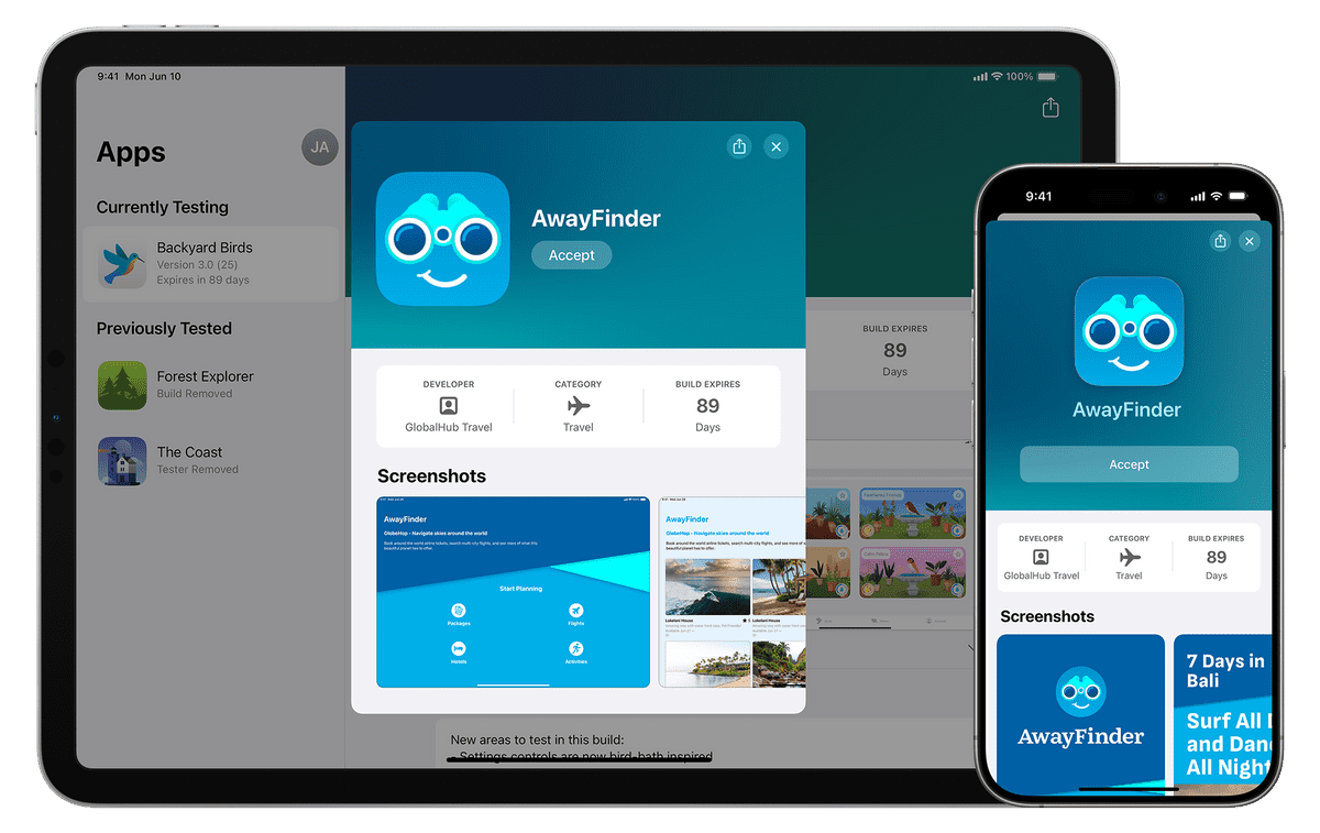 Exemplo oficial da Apple mostrando um convite de app beta no TestFlight em iPhone e iPad