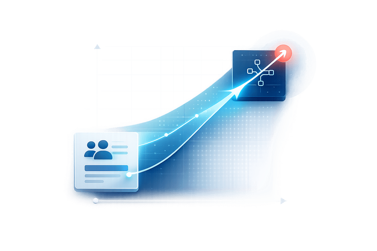 Ilustração editorial de transição entre adoção humana de IA e escala programável por arquitetura