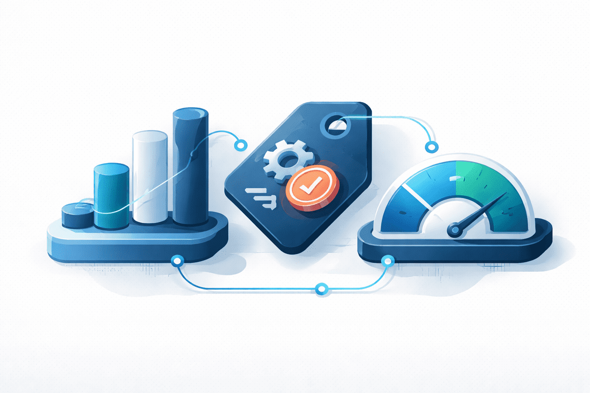 Ilustração editorial de custo, validação e throughput para comparar consumo real de IA