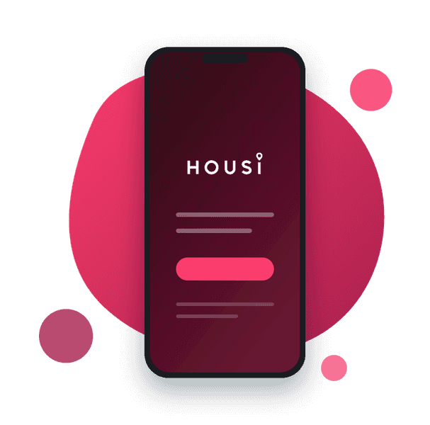 Phone showing the Housi brand on the app screen